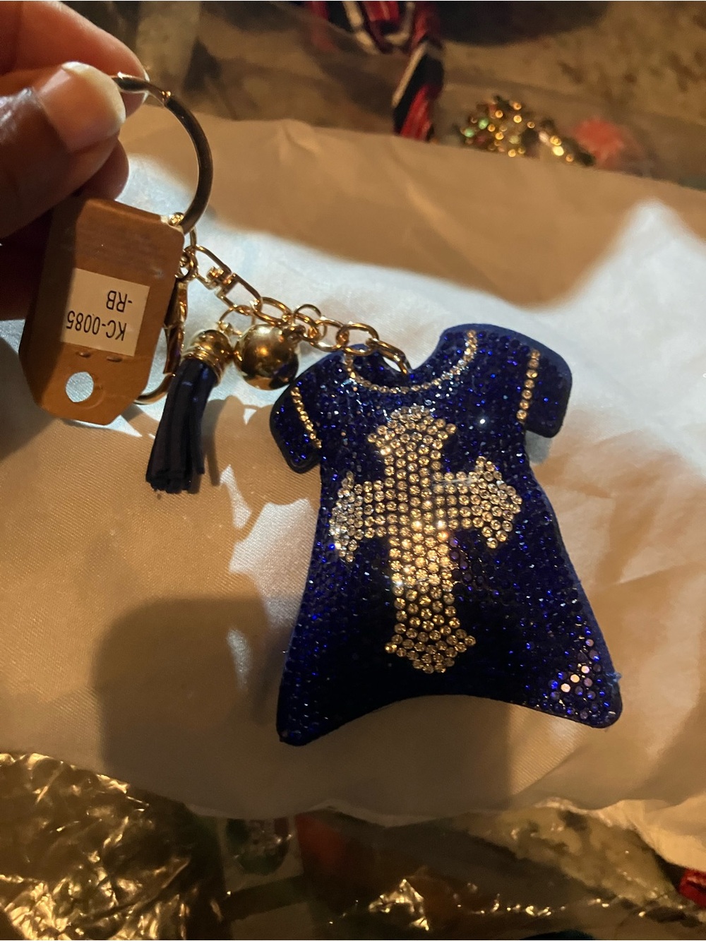 Blue Glitter Dress Keychain with Rhinestone Cross